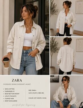 ZARA Oversized Cream Denim Overshirt Jacket S Utility Shacket Cotton Button-Up